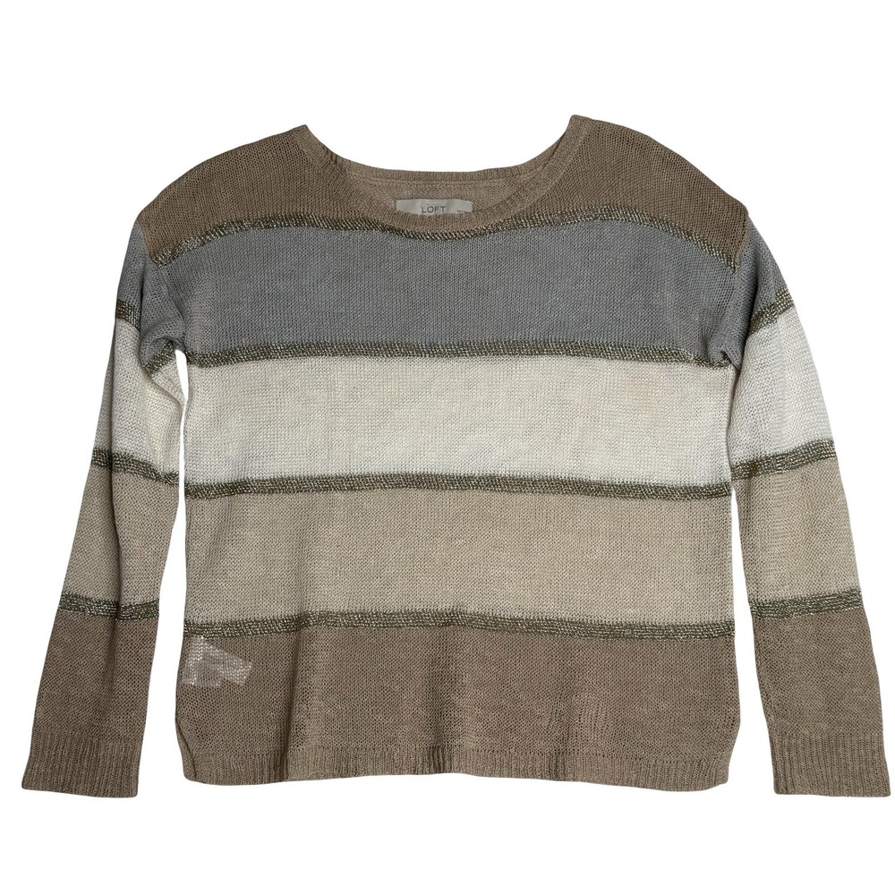 Loft Petites Striped Linen Blend Metallic Knit Sweater Multi Color Womens MP